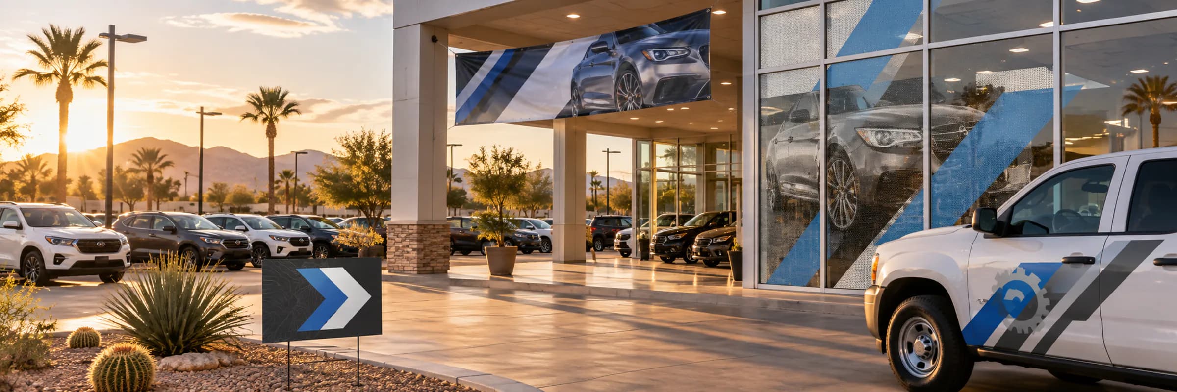 Auto dealership with a promotional banner, window graphics, directional sign and branded service truck.