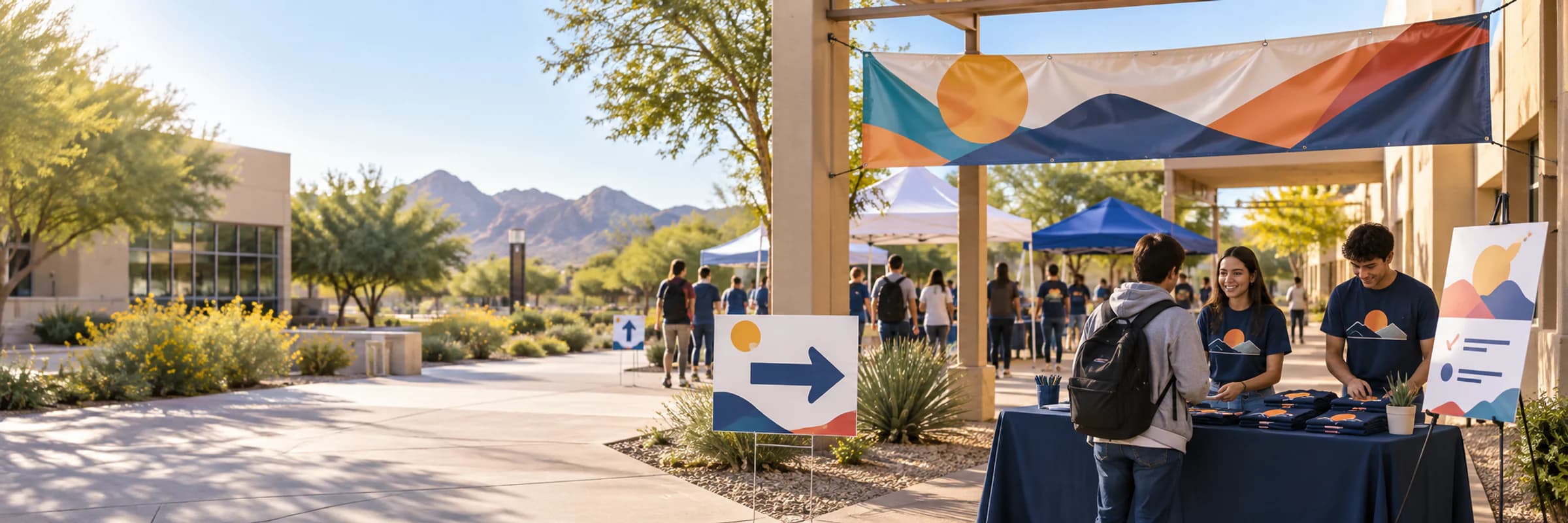 School event with a welcome banner, directional signs and volunteers wearing matching printed shirts.