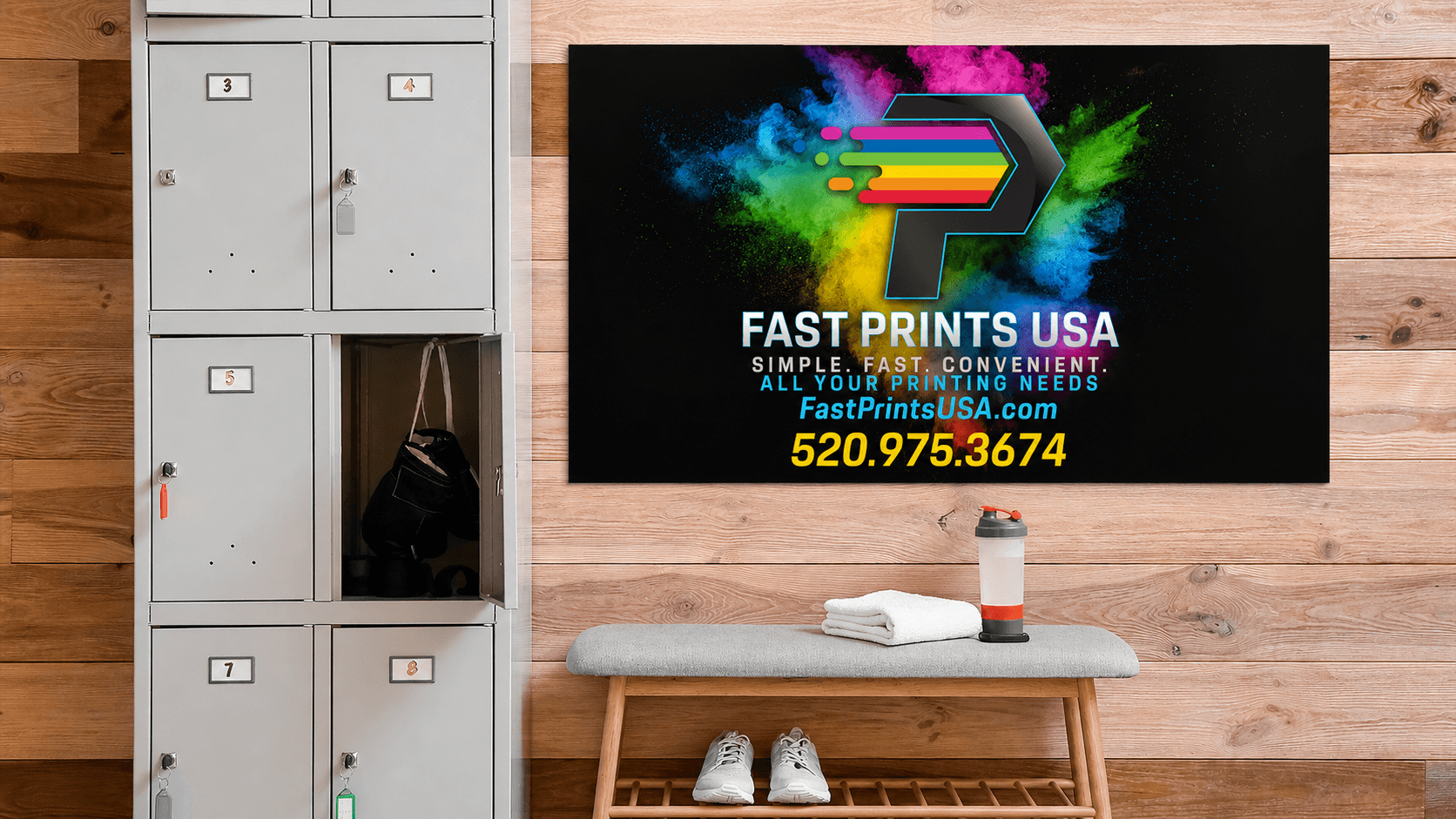 Printed No Curl Banner displayed flat on an indoor wall.
