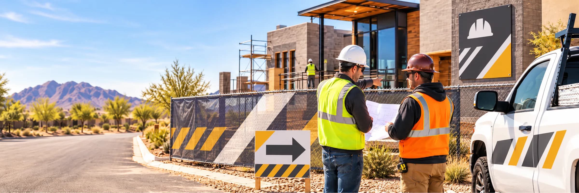 Construction crew beside a printed fence banner, directional sign and branded work truck.
