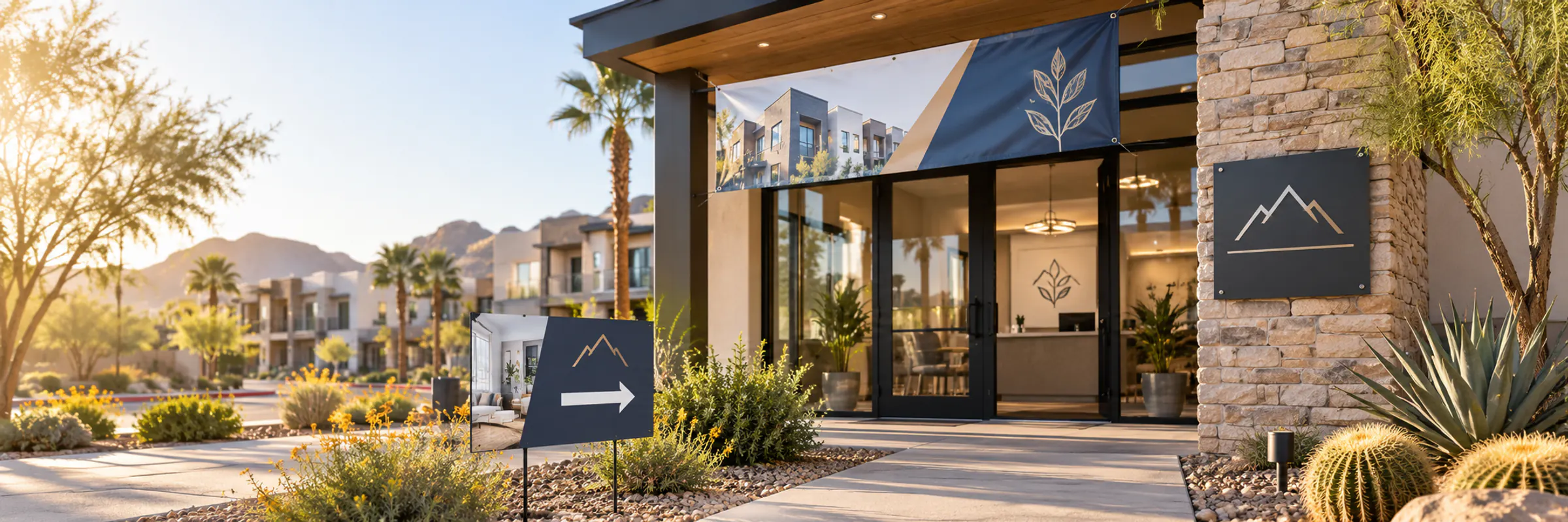 Leasing office with a property banner, directional yard sign and mounted entrance sign.