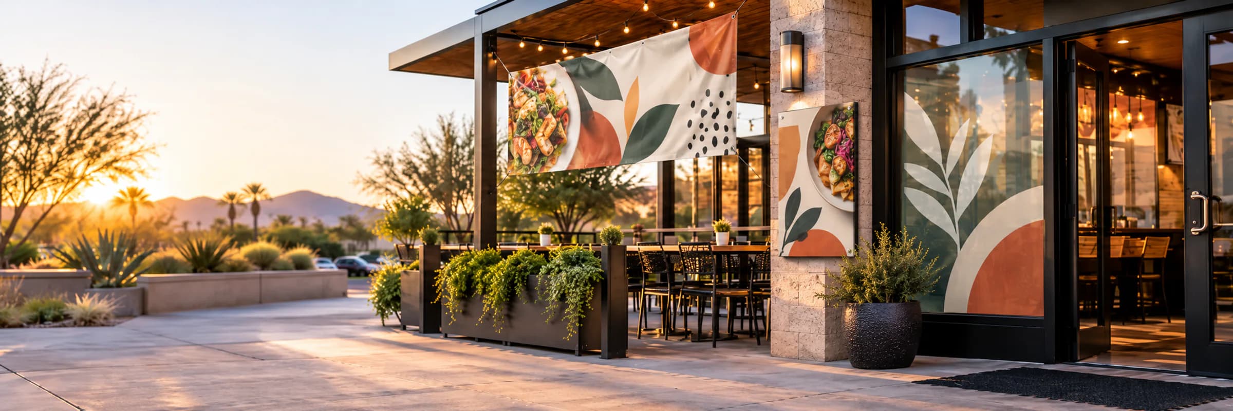 Restaurant patio with a hanging banner, wall sign and decorative window graphics.