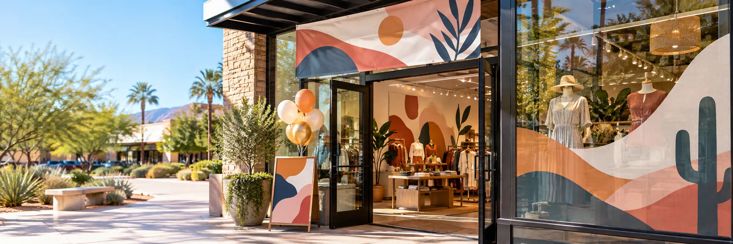 Shop entrance with a hanging banner, sidewalk display and coordinated window graphics.