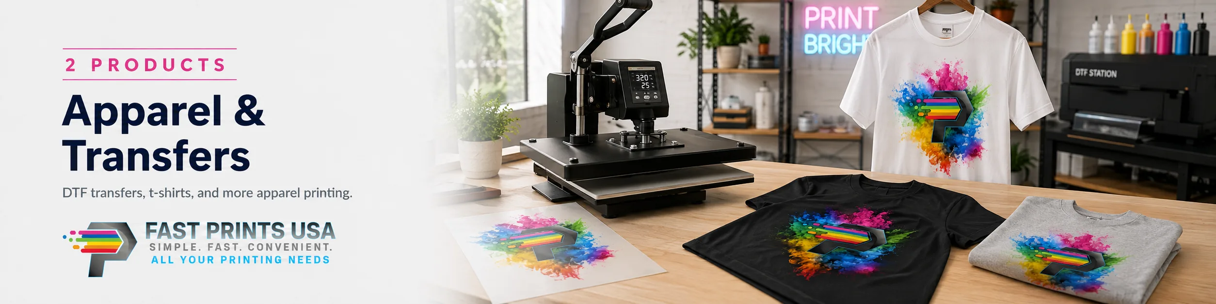 A DTF heat transfer sheet next to a heat press machine, with white, black, and heather-gray t-shirts printed with a rainbow Fast Prints USA logo.