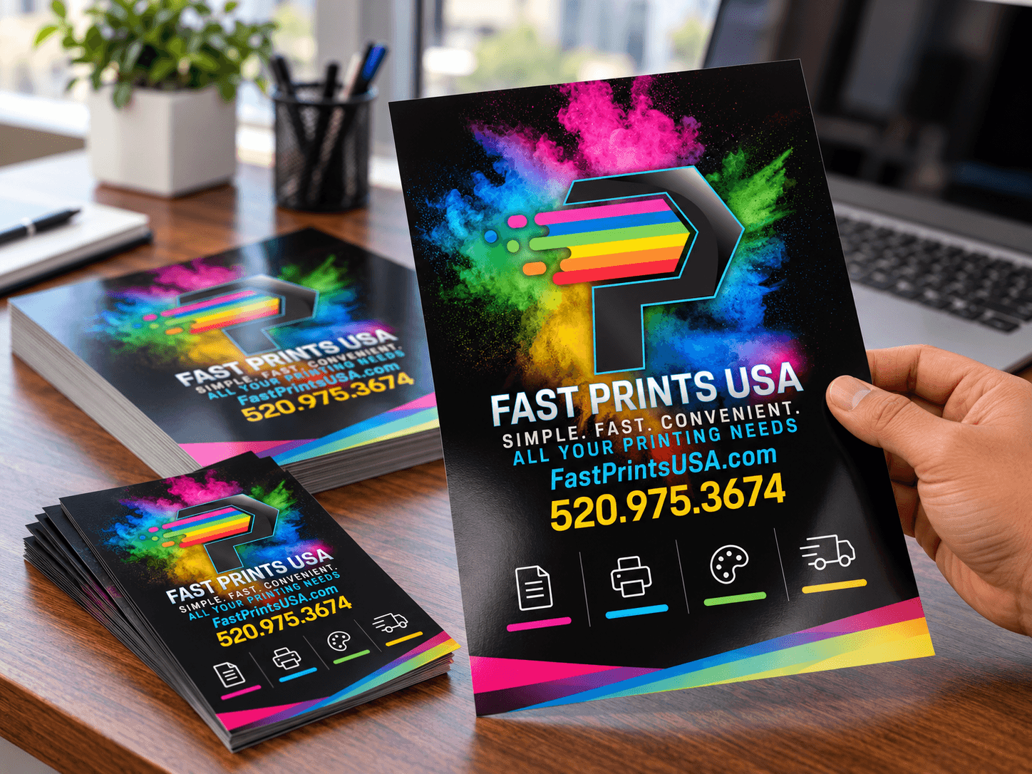 Stack of glossy full-color flyers on a desk, one held up in hand