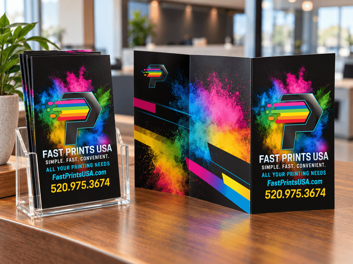Tri-fold brochure standing open beside a brochure holder on a counter