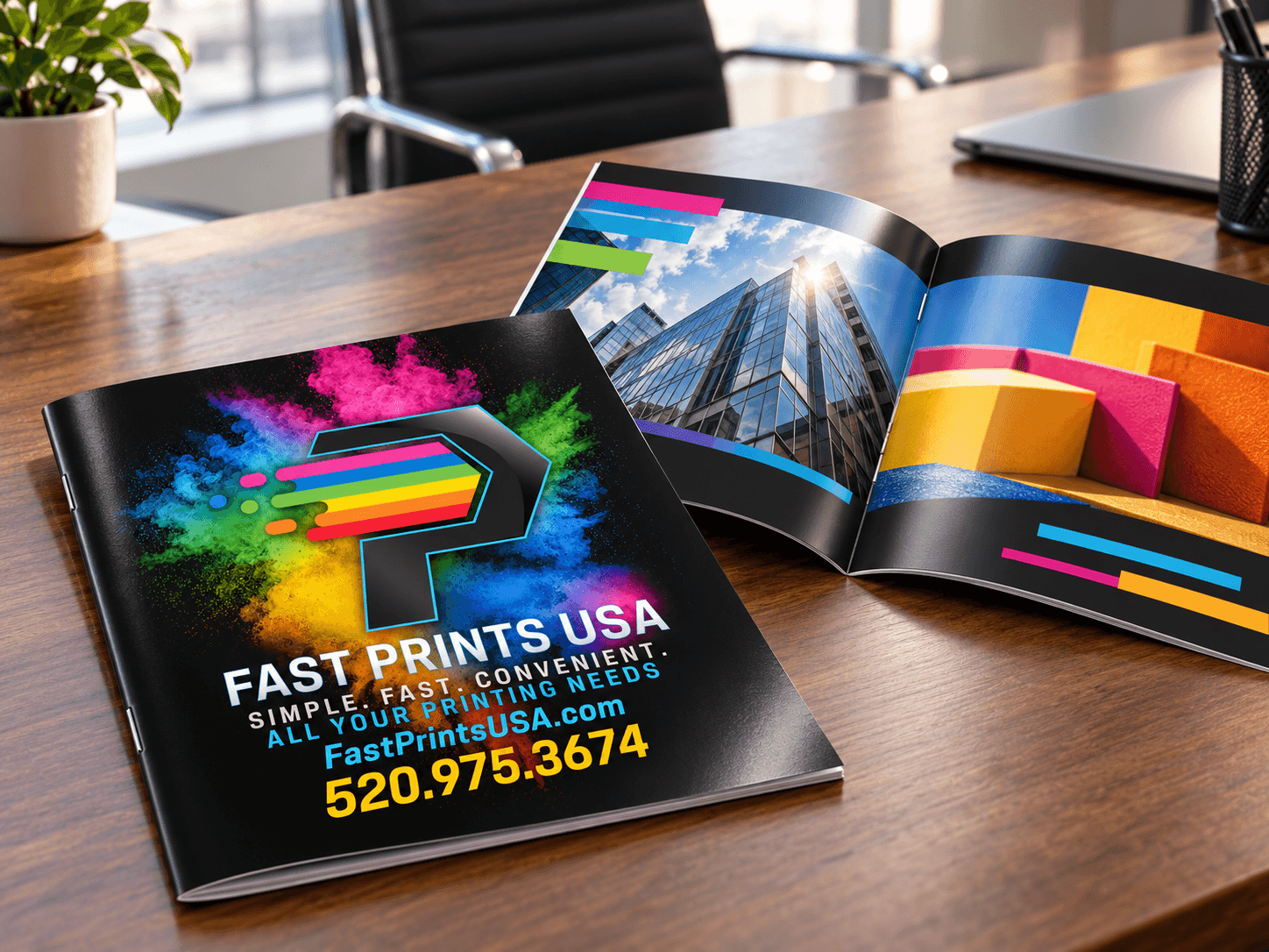 Saddle-stitched booklets, one closed and one open to a full-color spread
